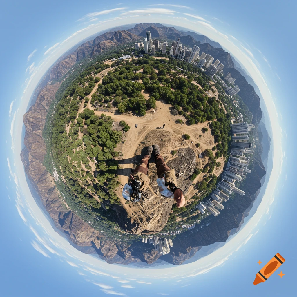 Spherical panoramic view looking down from a cliff edge over a park, city skyline, and mountains.