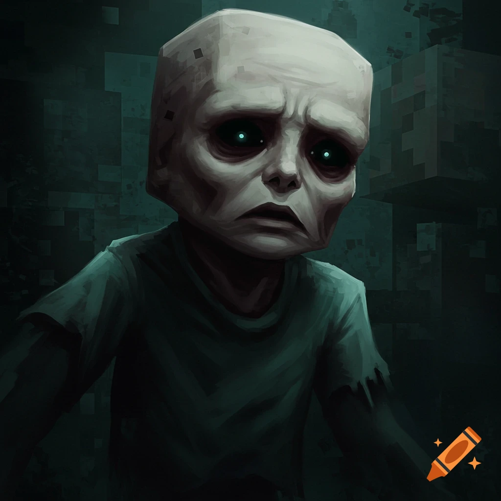 A sad, creepy Herobrine character with glowing eyes in a dark, blocky setting.