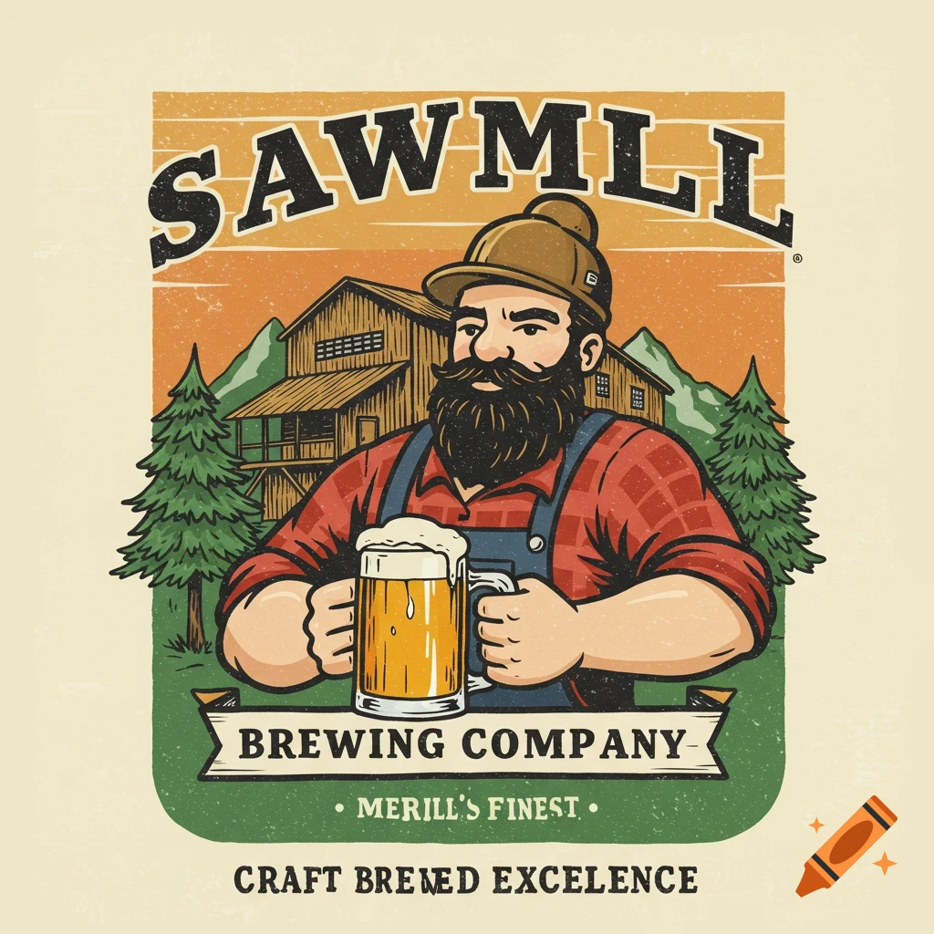 Illustration of a bearded man with a beer mug, a sawmill, and trees, with text 'SAWMILL BREWING COMPANY' etc. Merchandise design style.
