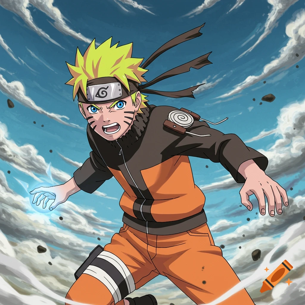 Anime character Naruto in action pose, using a blue energy technique amidst clouds and debris.