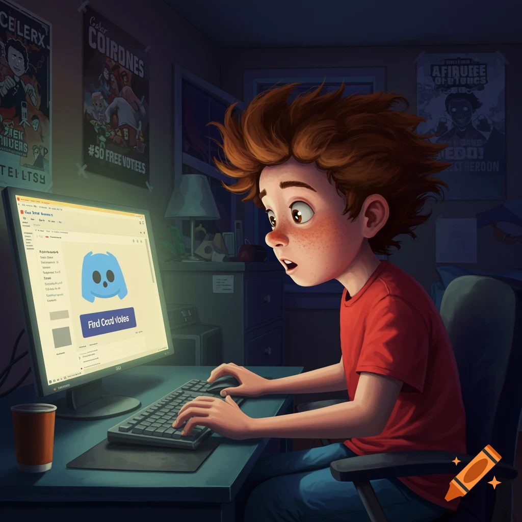 Stylized portrait of a young boy with red hair and freckles looking surprised while sitting at a computer in his room at night.