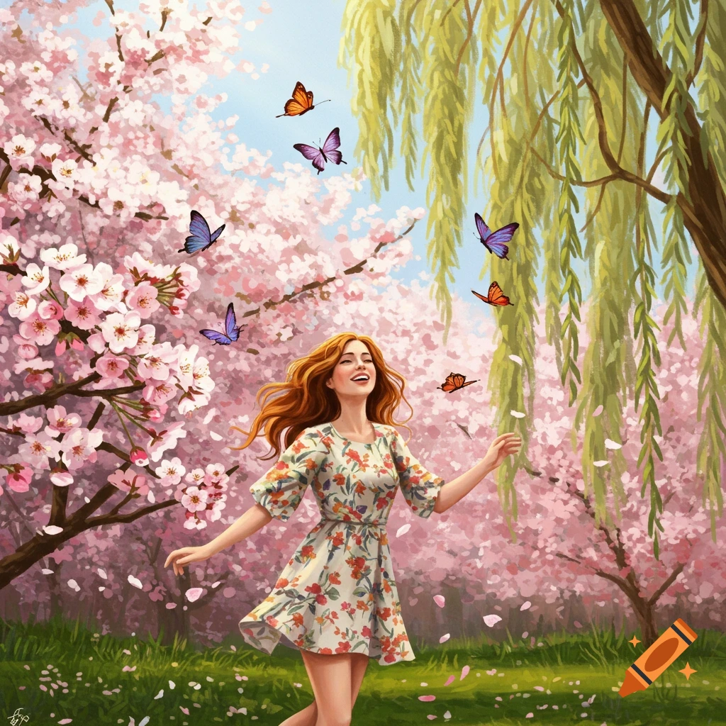A woman surrounded by butterflies and pink cherry blossoms in a spring park.