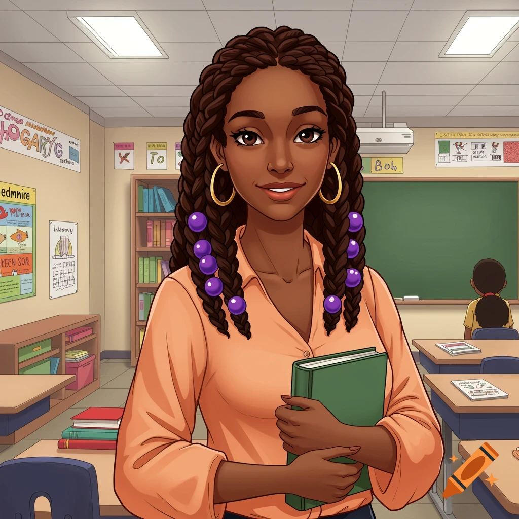 Cartoon illustration of an African-American woman teacher with braided hair holding a book in a classroom.