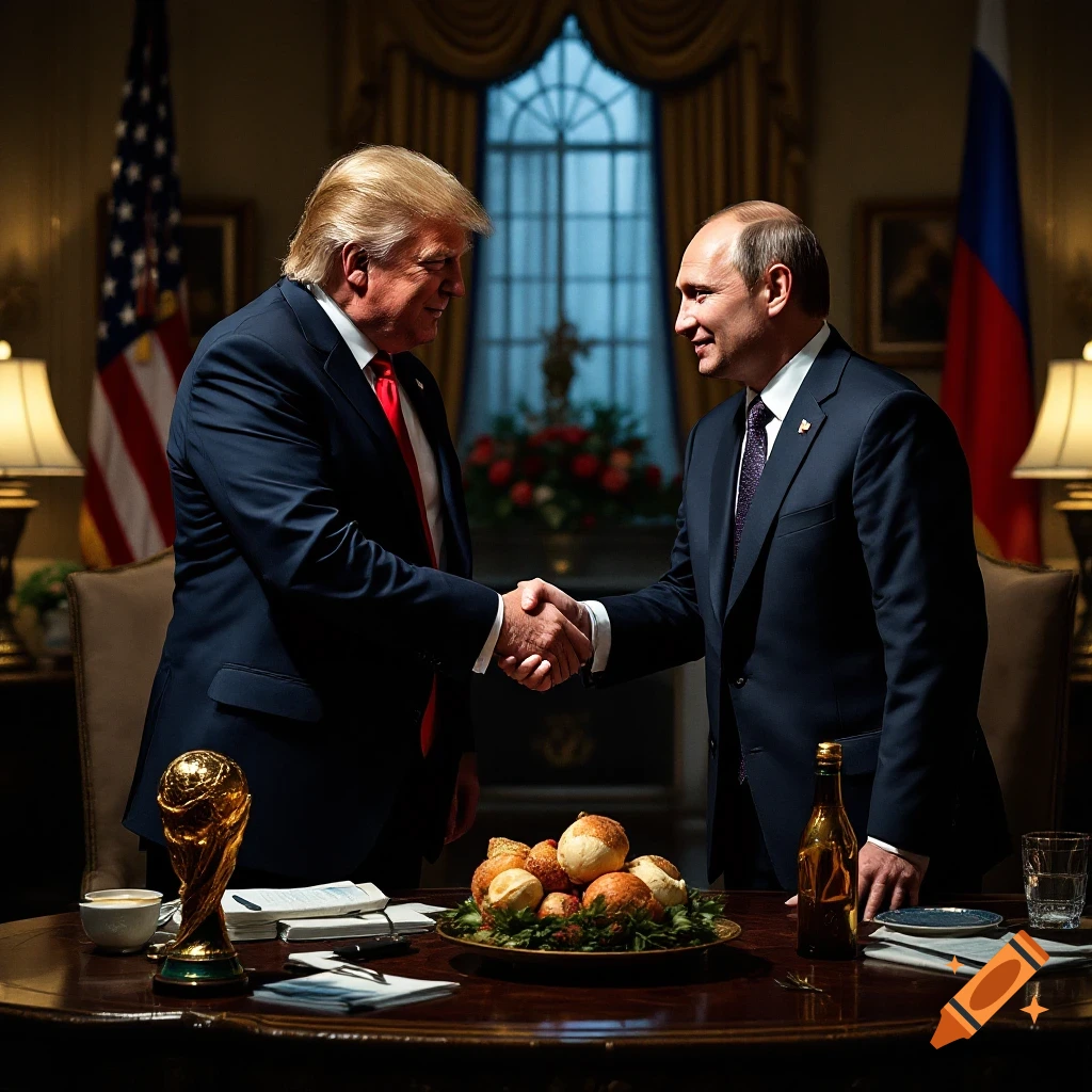 Donald Trump and Vladimir Putin shake hands across a desk with a trophy, photorealistic