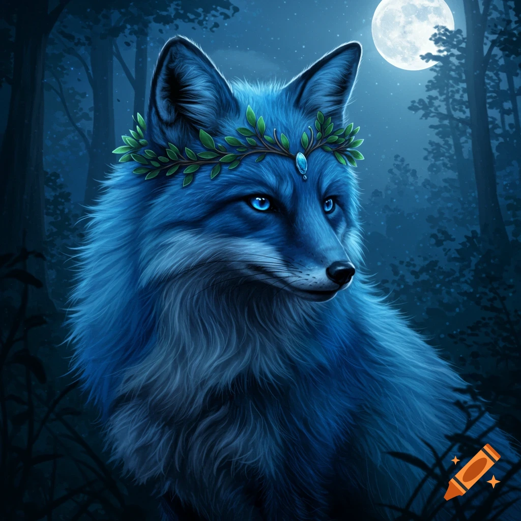 A blue fox with a leaf crown stands in a moonlit forest