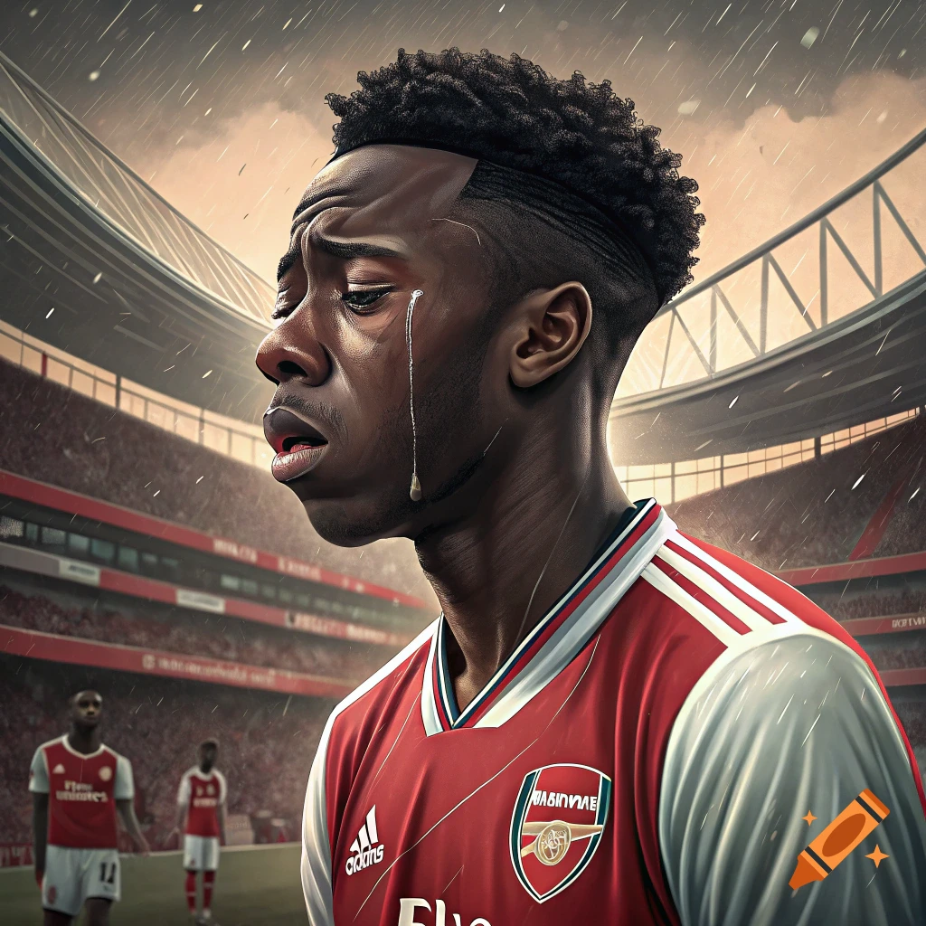 A sad football player in an Arsenal jersey cries in a rainy stadium.