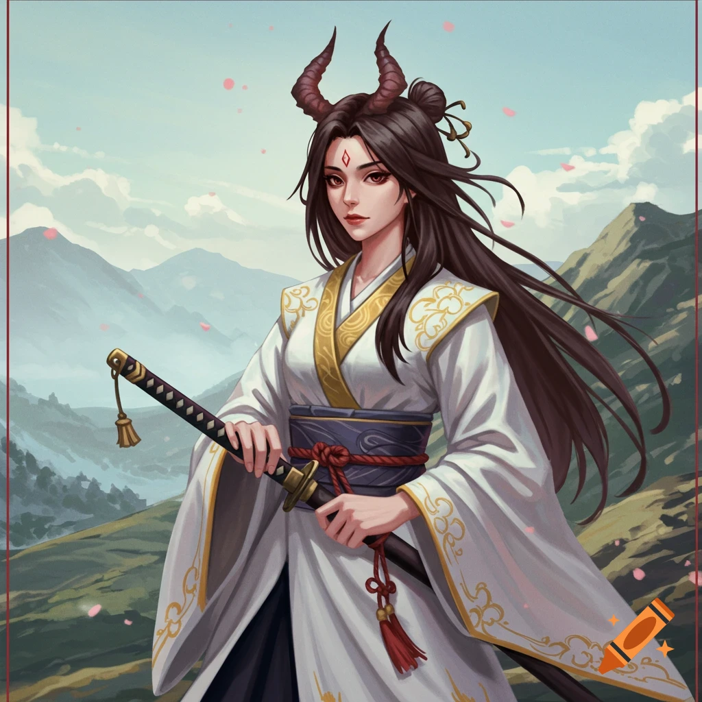 A female fantasy character with horns, wearing traditional white clothing, holds a sword in a mountain landscape.