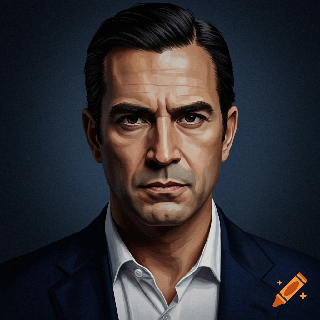 A portrait of a man in a dark suit and white shirt against a dark background.
