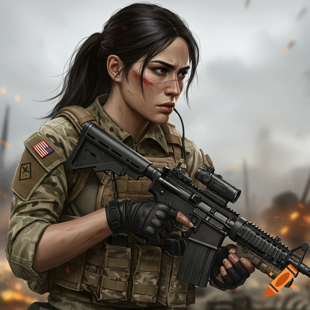 A woman soldier with a rifle is looking determined.