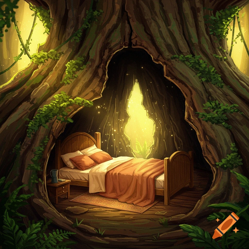 A cozy bed is nestled inside a large tree trunk, illuminated by a warm, glowing light source.