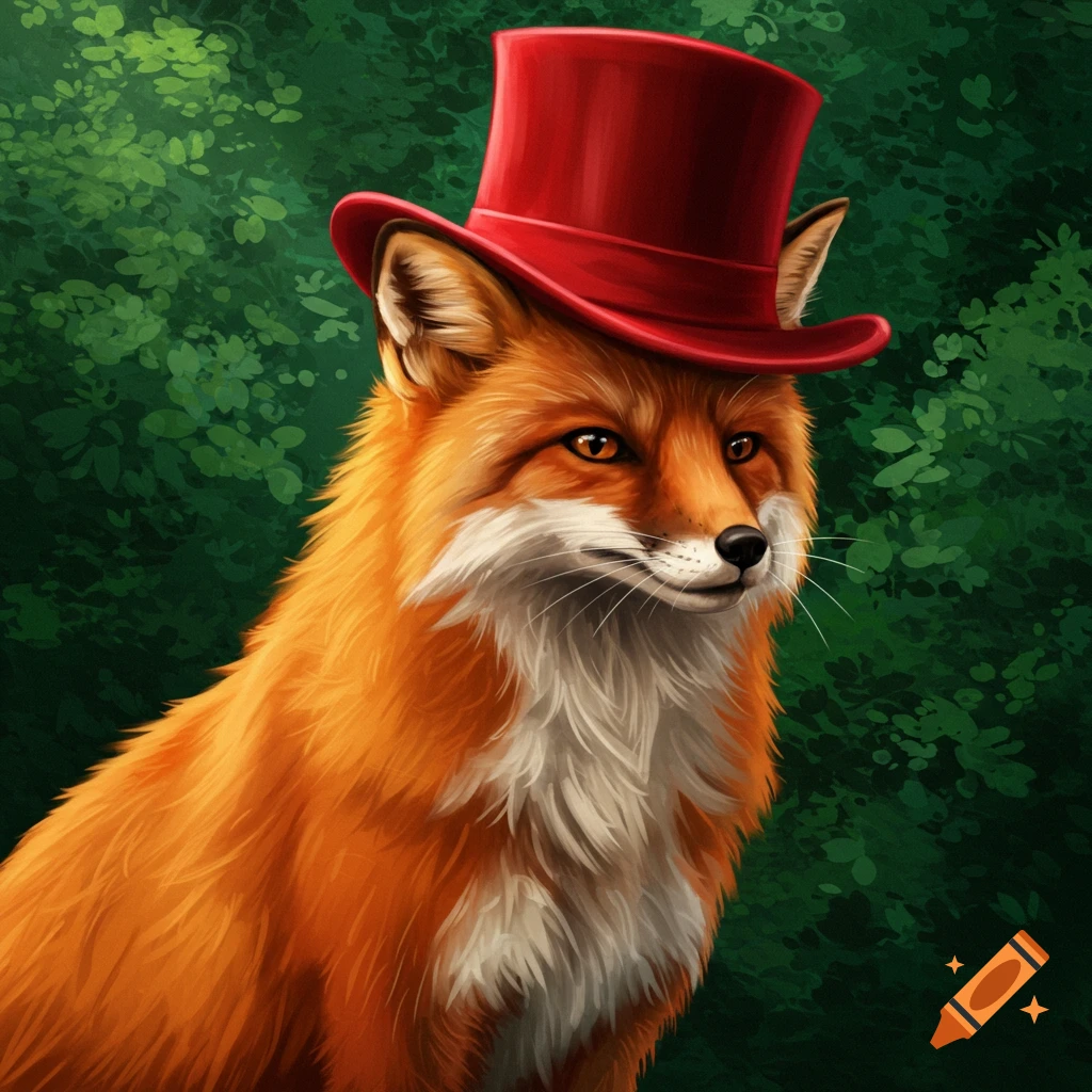 A fox wearing a red top hat in a forest.