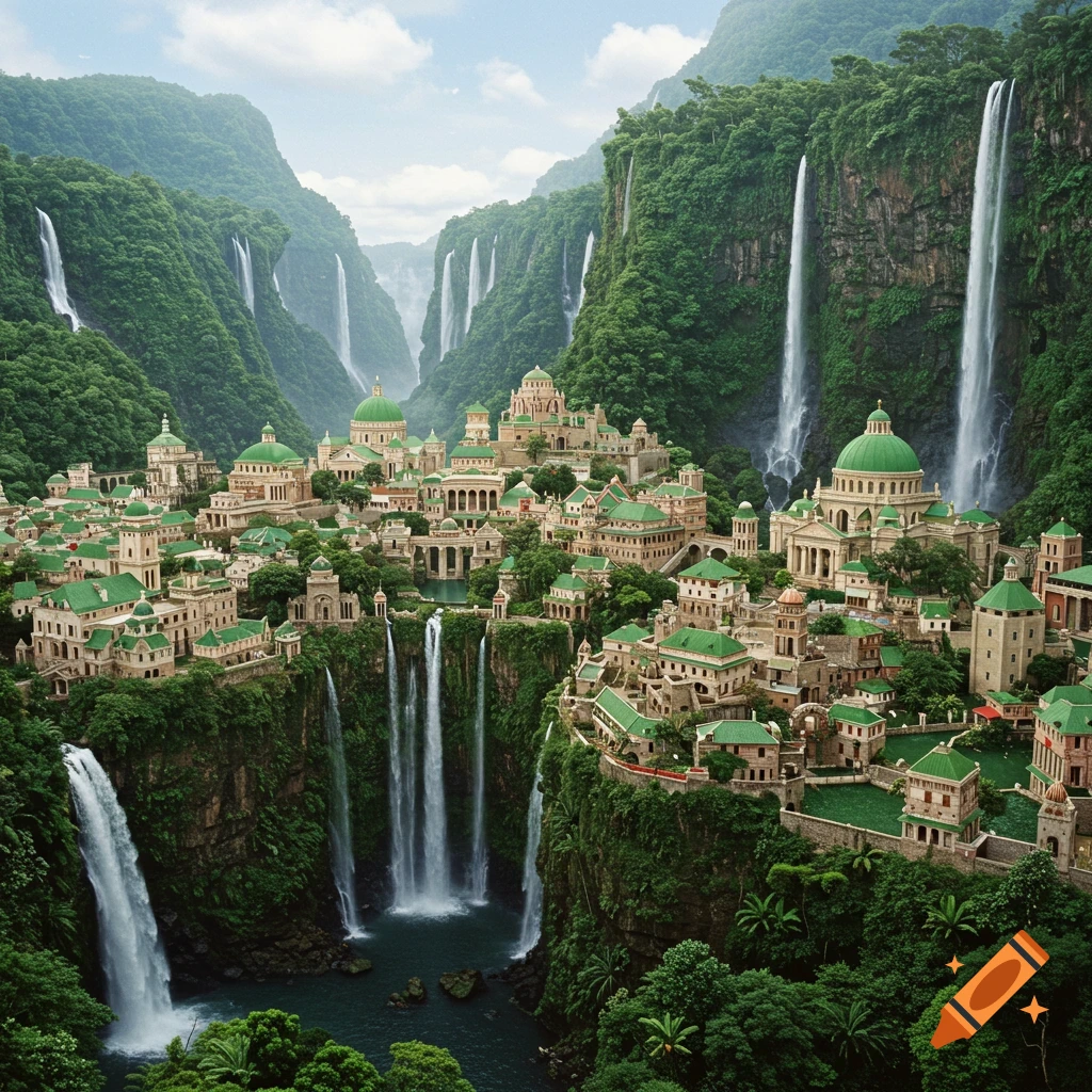 A grand city with green roofs built into a lush jungle plateau with many waterfalls cascading down steep cliffs.