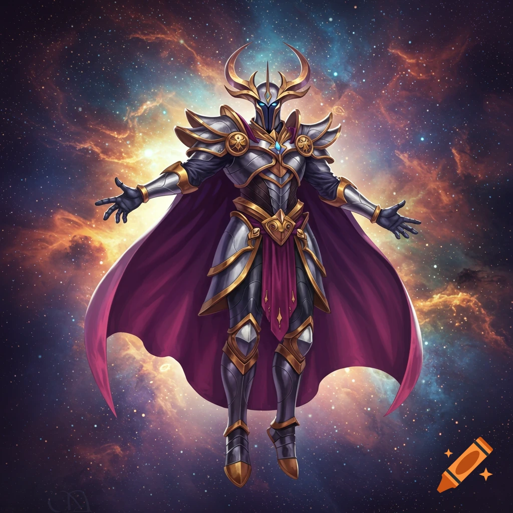An armored fantasy character floating in space with a purple cape and cosmic background.