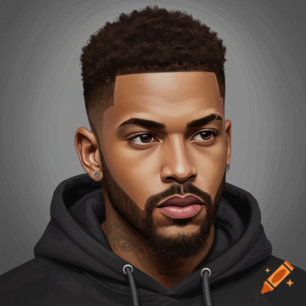 A portrait of a man with a low taper fade haircut and a goatee, wearing a black hoodie.