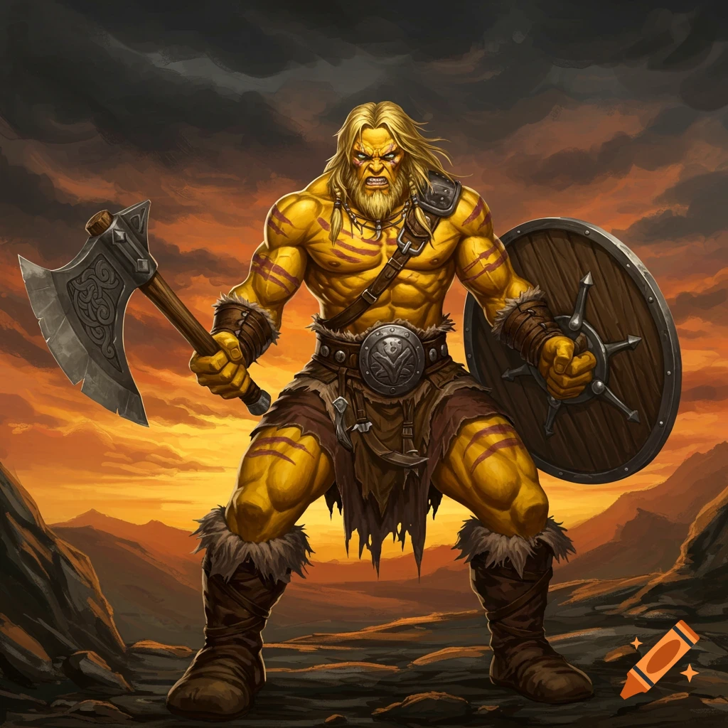 Muscular yellow barbarian with face paint, holding an axe and shield on rocky terrain under a dramatic sky.