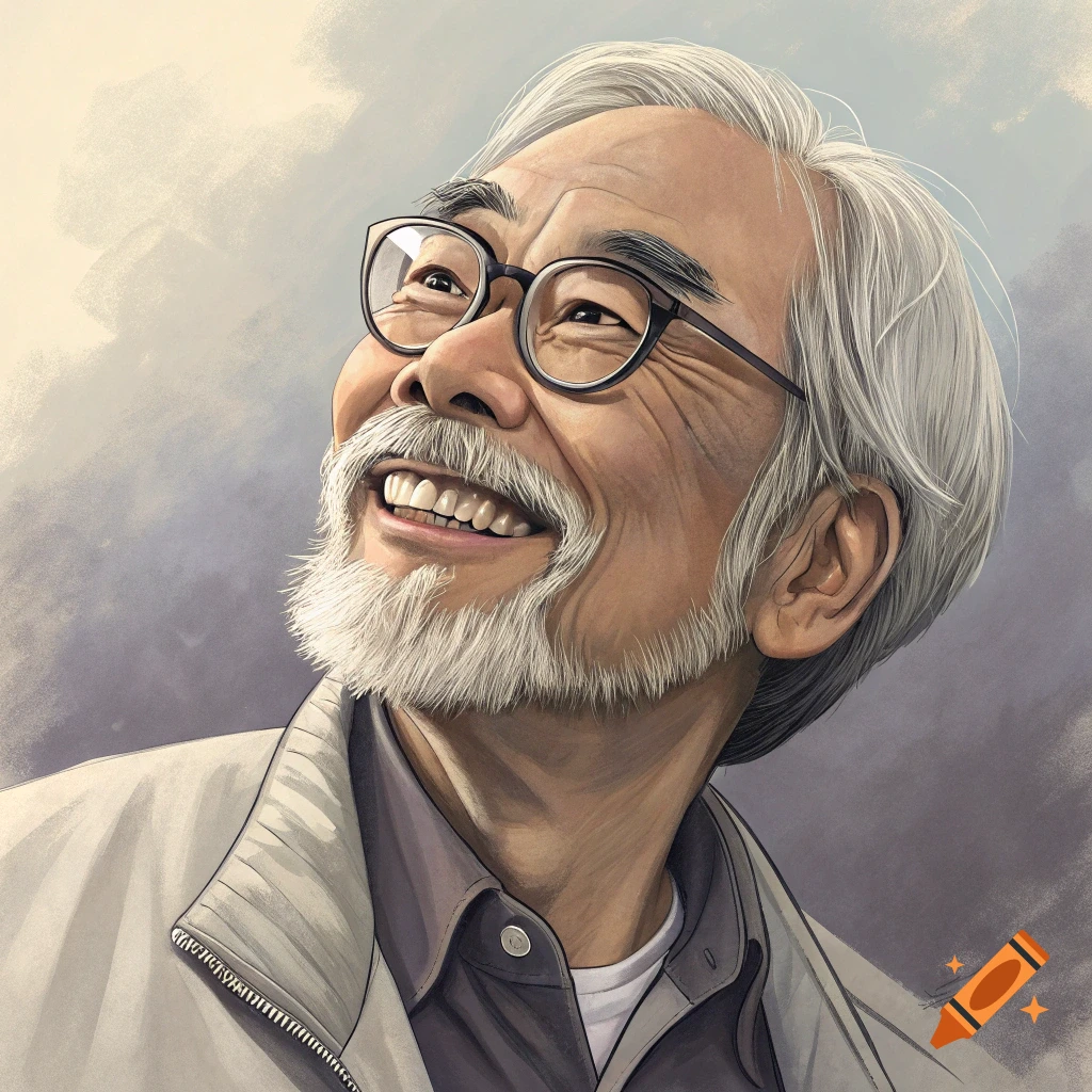 Illustration of an elderly man with glasses and a beard looking up and smiling.