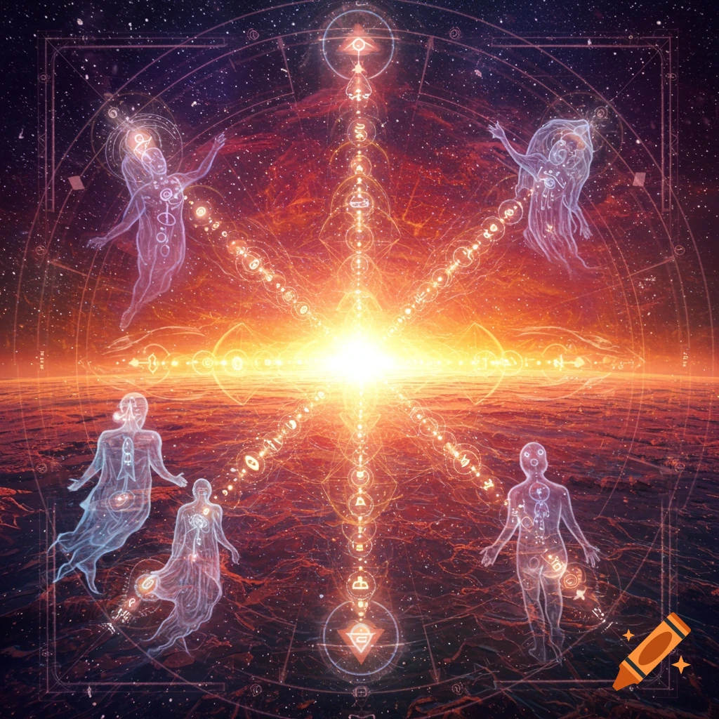 Abstract image of glowing figures and sacred geometry patterns surrounding a bright light in a cosmic landscape.
