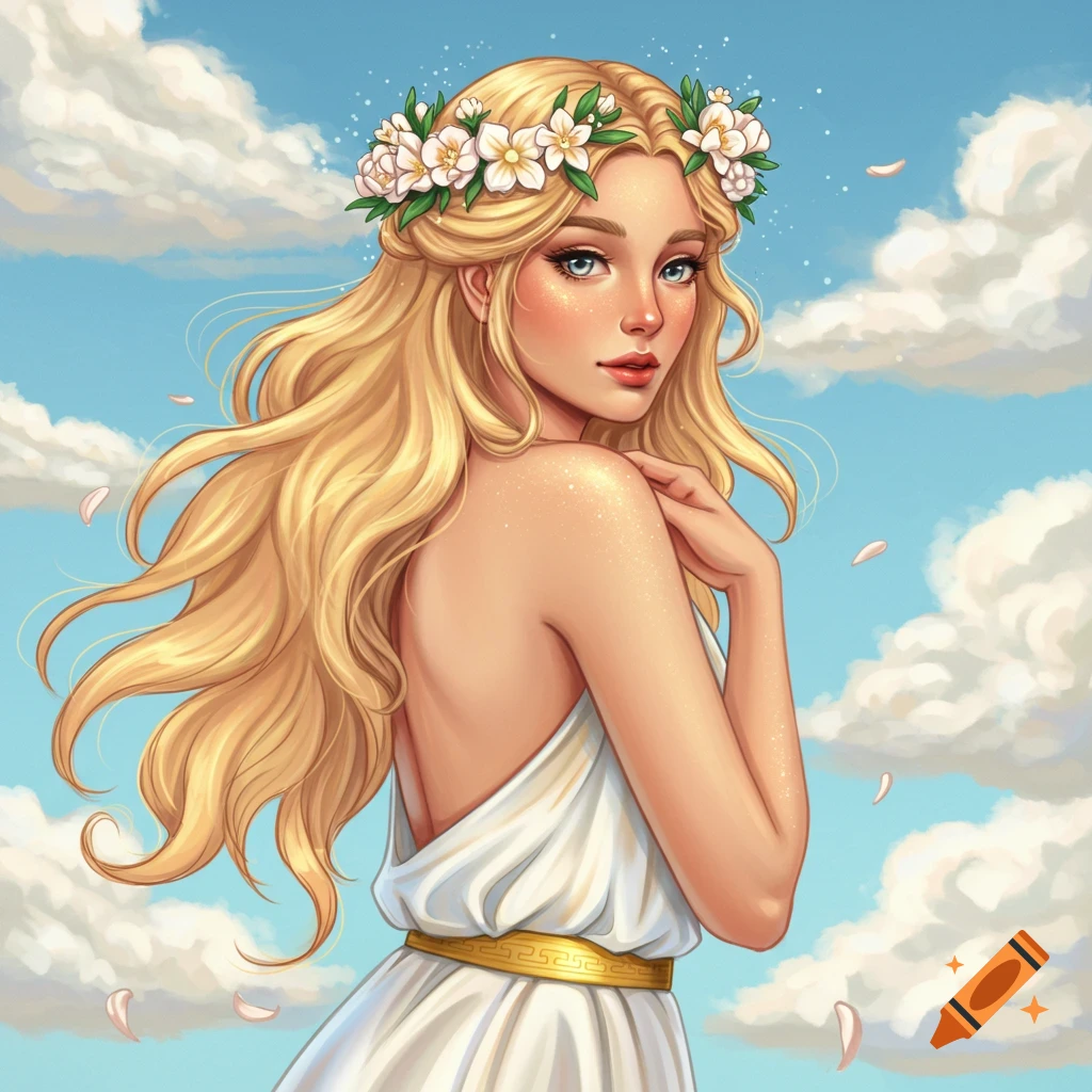 Blonde woman with flower crown and white dress against a cloudy sky.