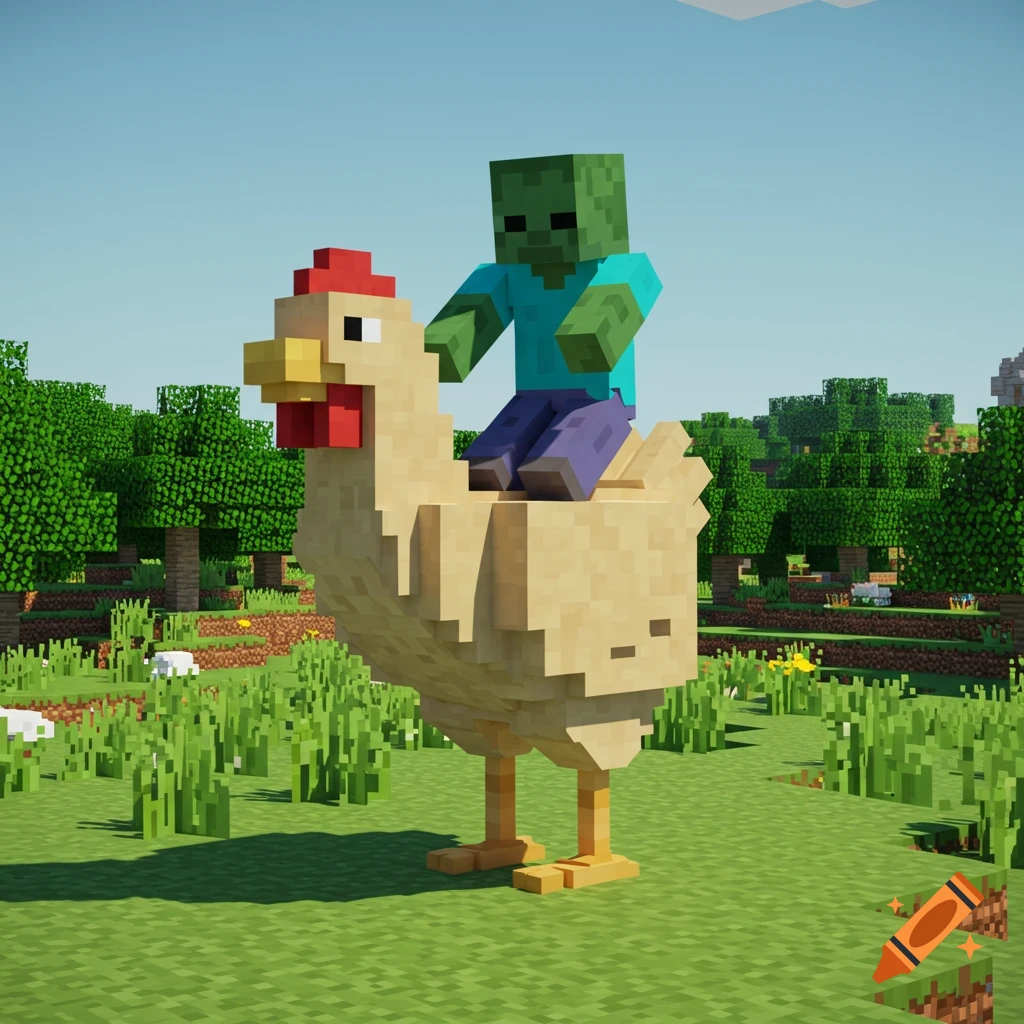 A Minecraft zombie rides on top of a blocky chicken in a grassy world.