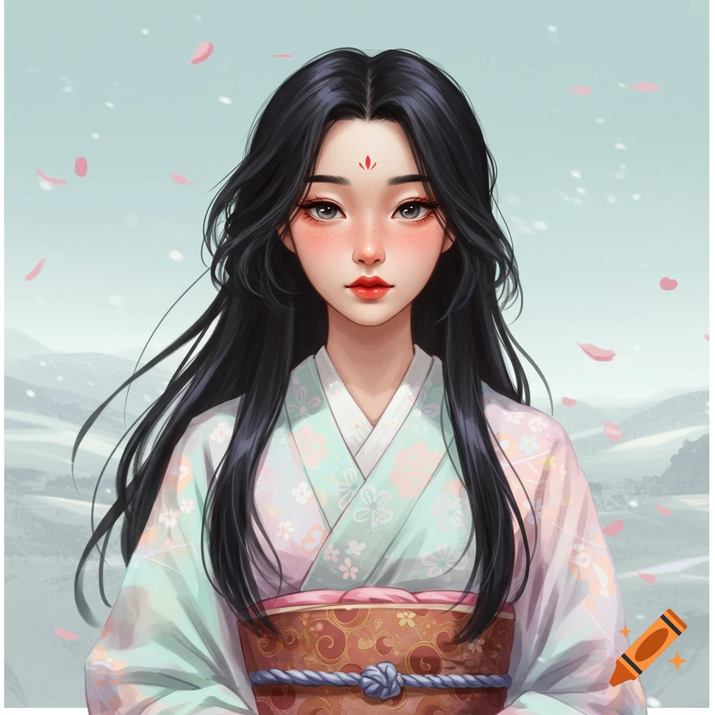 Portrait of a woman in traditional floral clothing with cherry blossoms