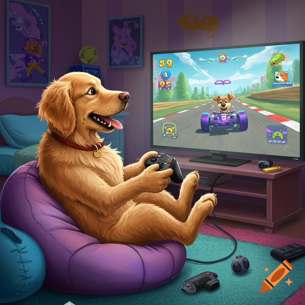 A golden retriever sits on a purple beanbag chair, playing a cartoon racing game on a large TV in a bedroom.