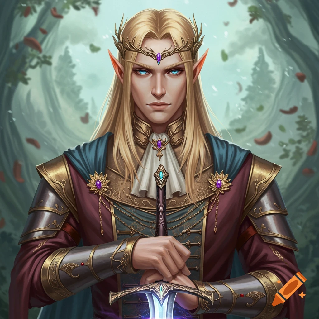 A blonde elf prince in fantasy armor holding a sword.