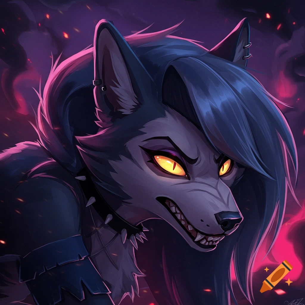 Cartoon wolf with glowing yellow eyes, wearing a spiked collar, against a dark background with red light.