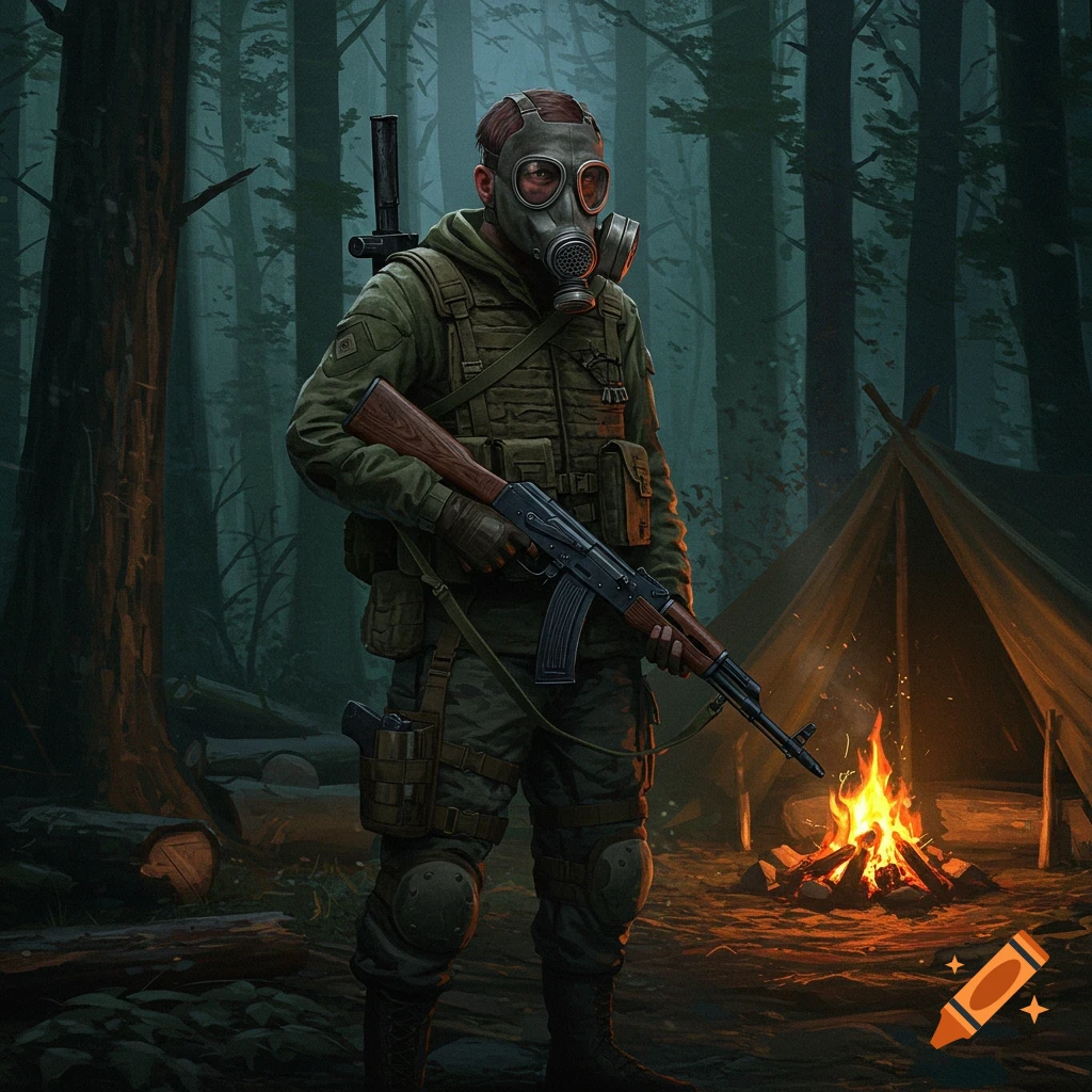Person in gas mask with rifle in dark forest by tent and campfire.