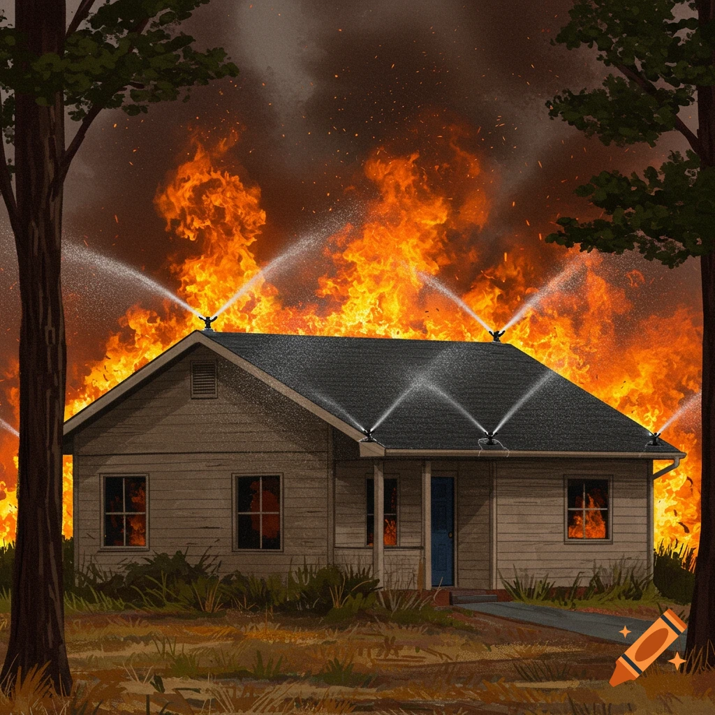 A house with sprinklers spraying water onto its roof as a large wildfire rages in the background.