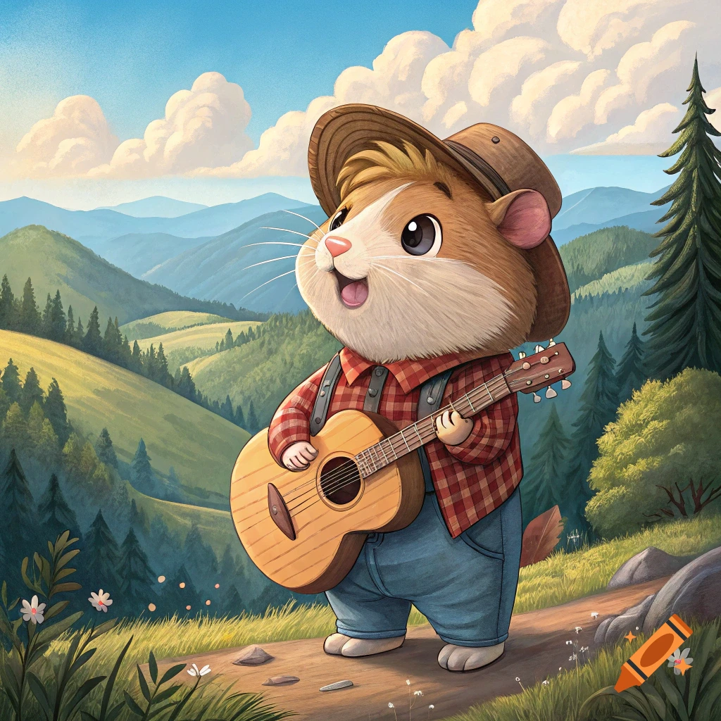 Cartoon hamster wearing a cowboy hat and overalls, playing a guitar on a grassy hillside.