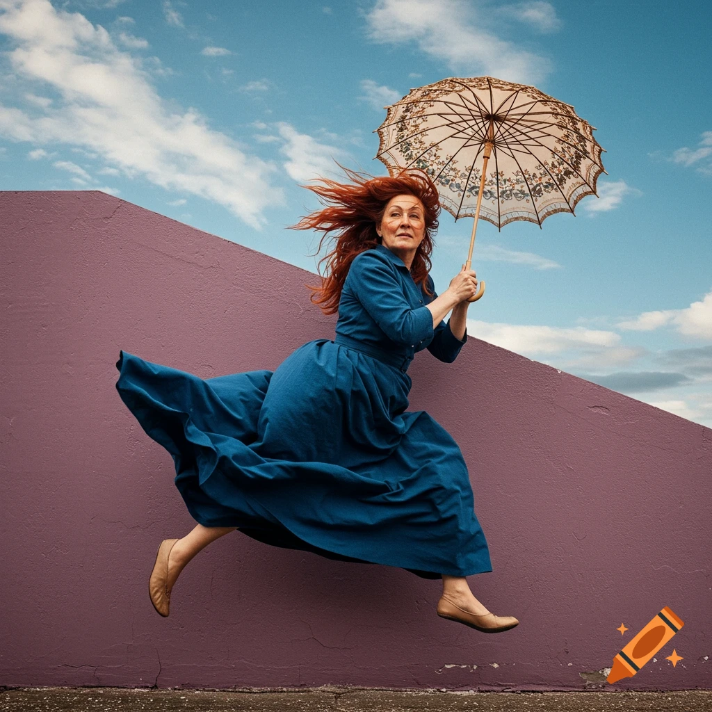 Red-haired woman in blue dress jumps against purple wall holding ornate umbrella, hair and dress blowing in wind under cloudy sky.