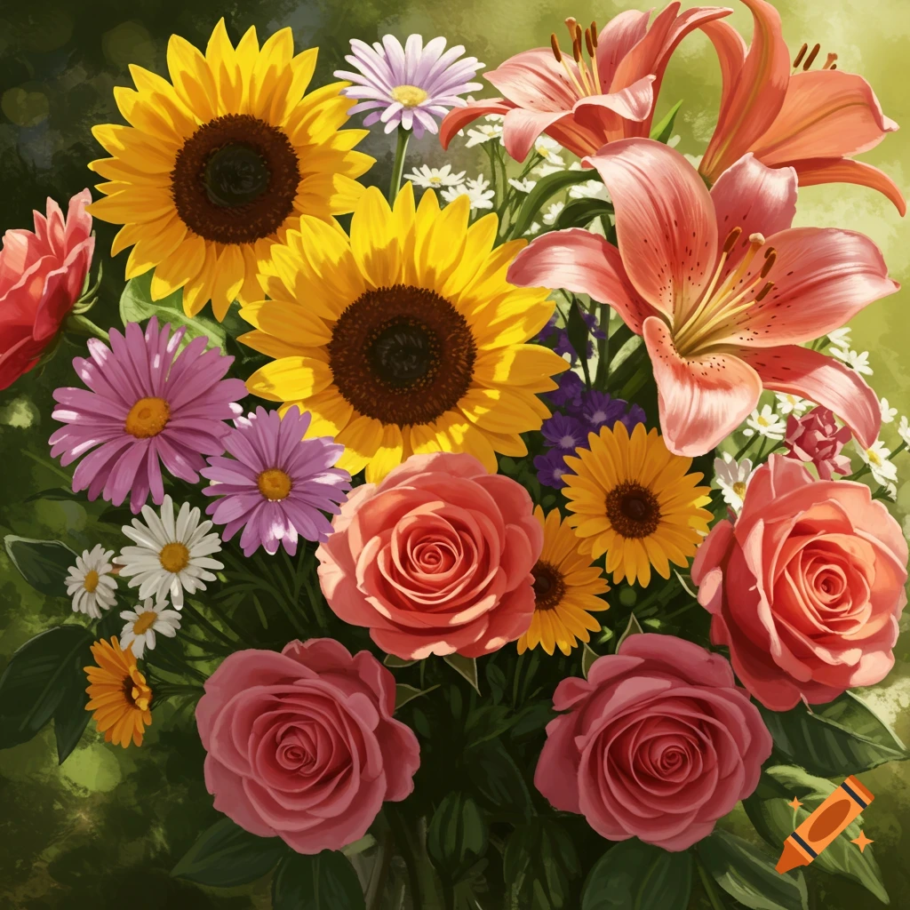 A colorful bouquet of sunflowers, roses, lilies, daisies, and asters.