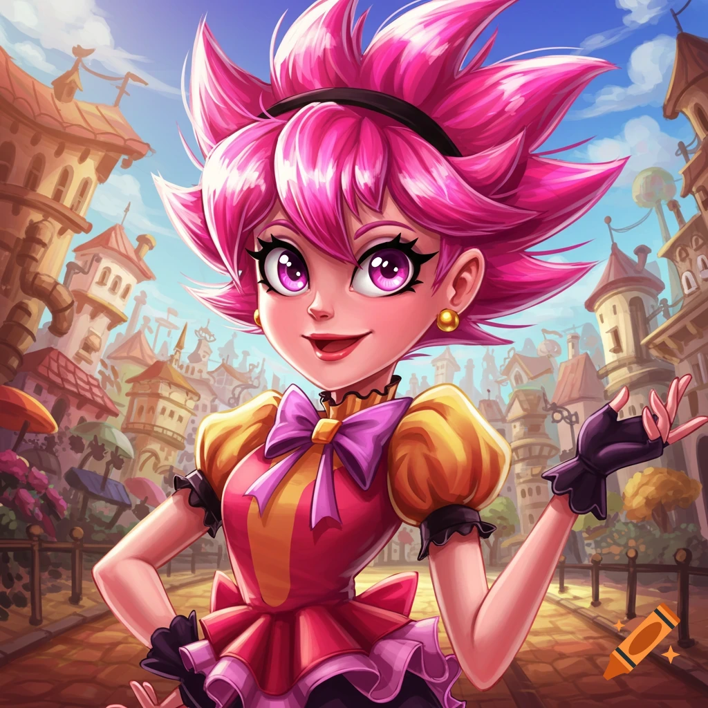 Anime style girl with spiky pink hair and a yellow and pink dress stands in a fantasy city.