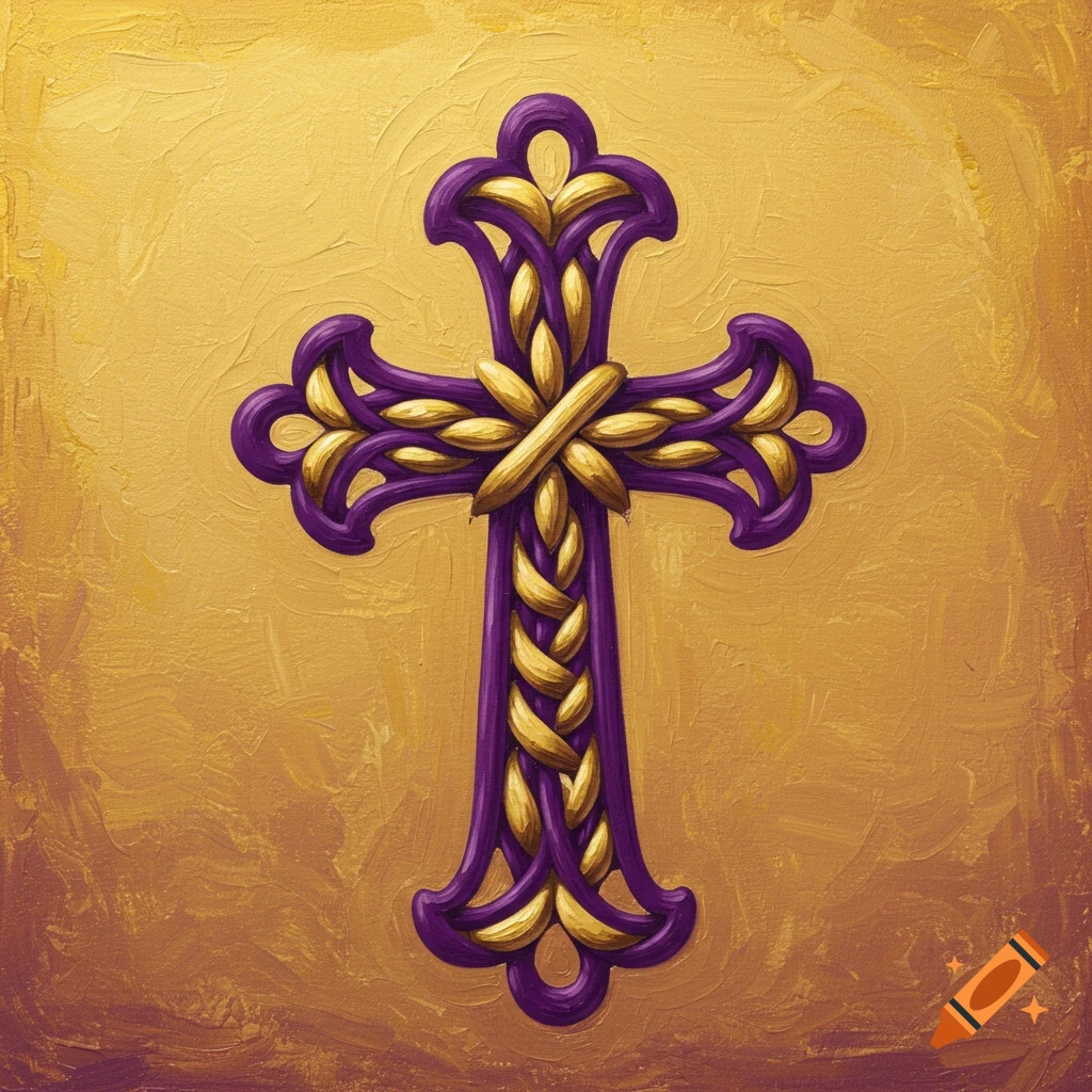 A purple and gold ornate bottony cross on a textured golden background.