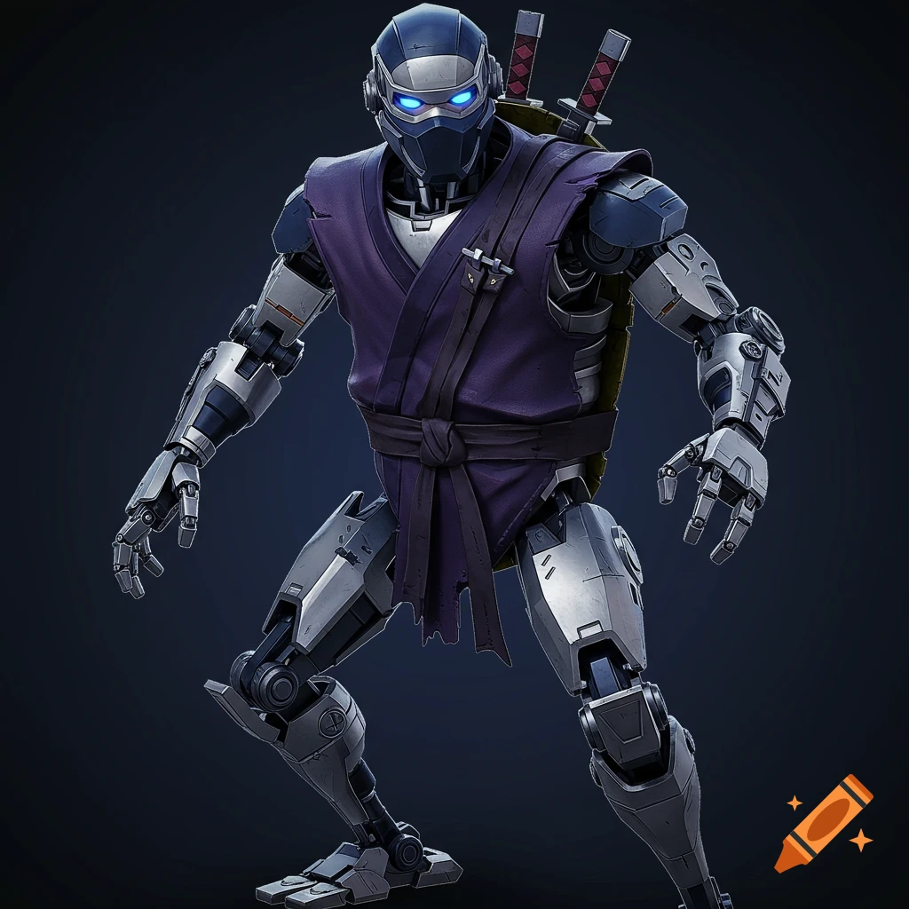 A robotic ninja character in purple garb with glowing blue eyes in a sci-fi style render.