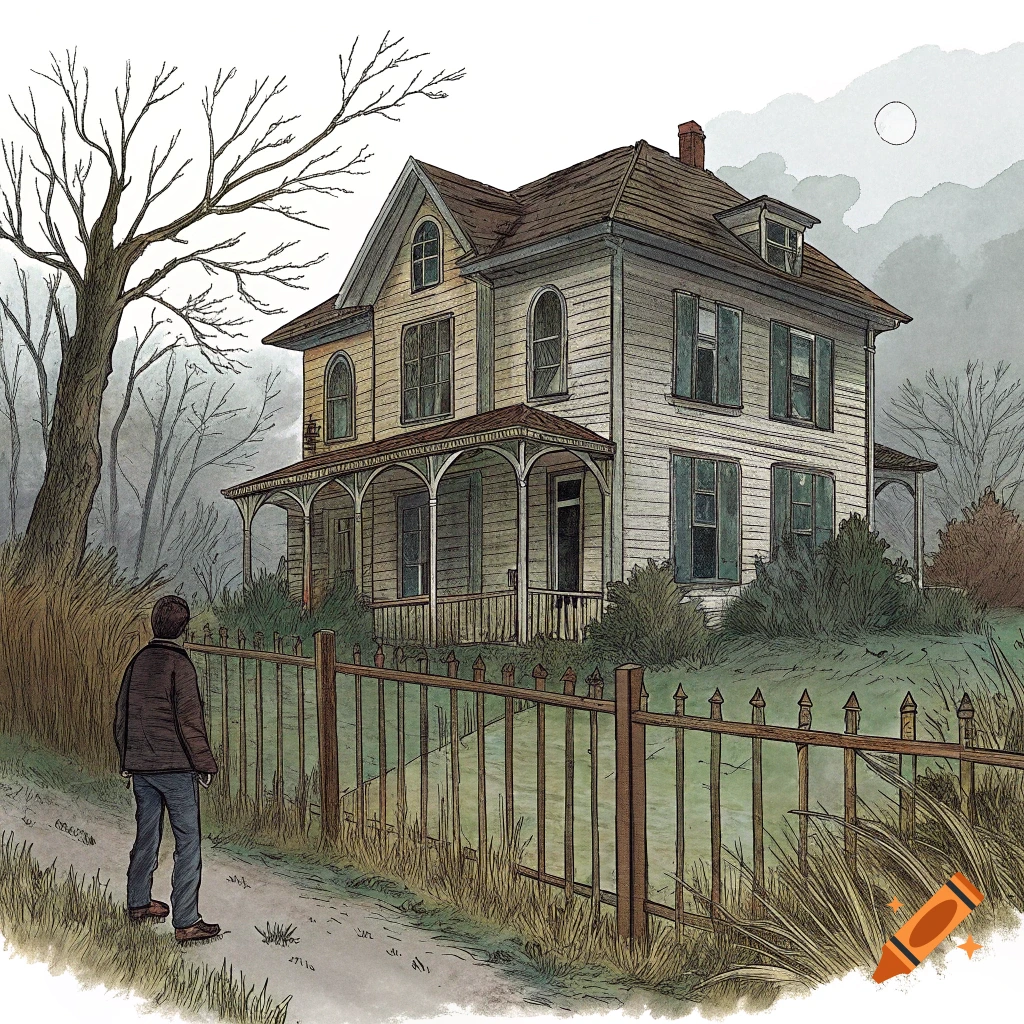 An illustration of a person looking at an old house with a fence in the foreground.