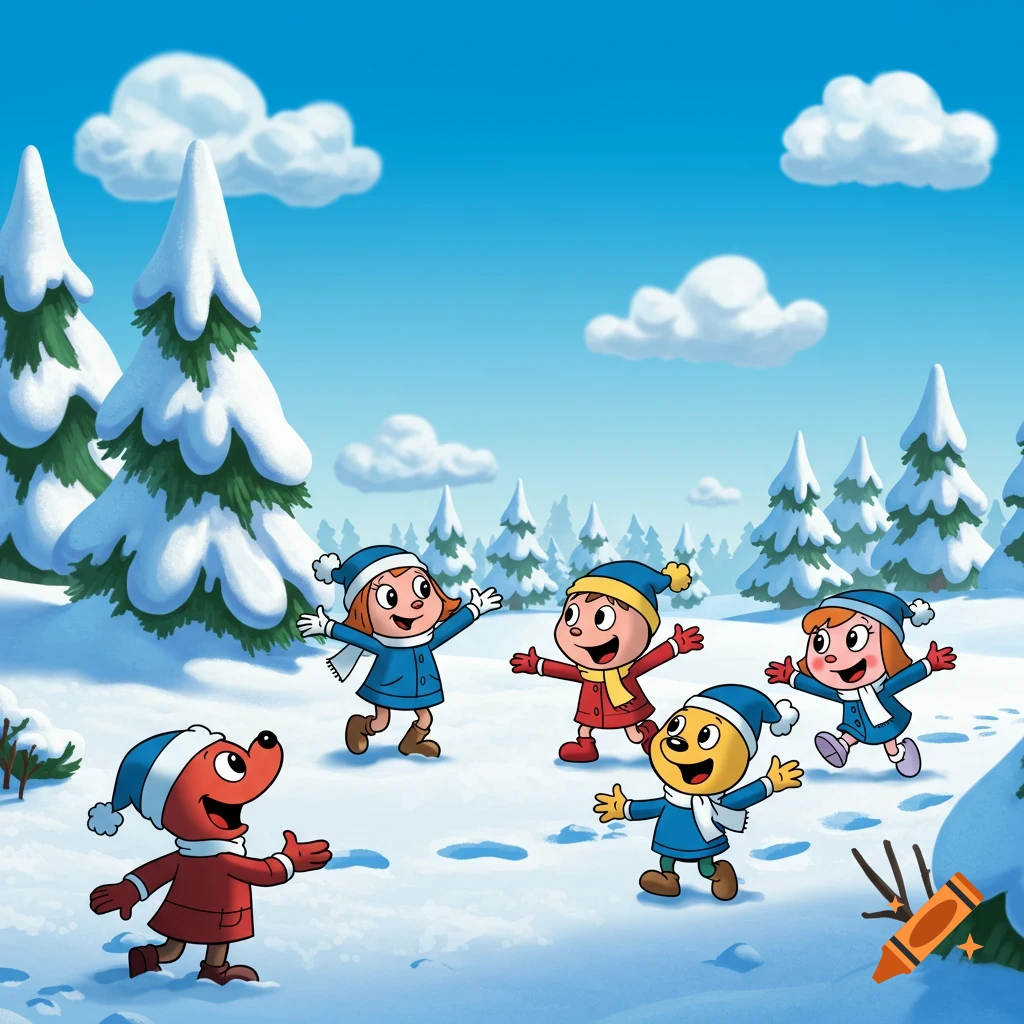 Cartoon characters playing in the snow with trees