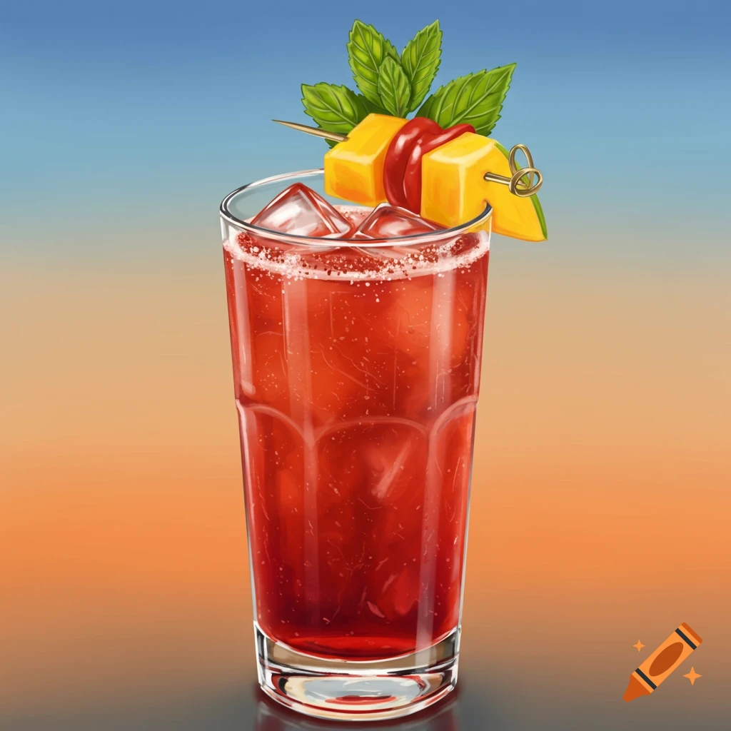 A red cocktail with ice, garnished with pineapple and mint.
