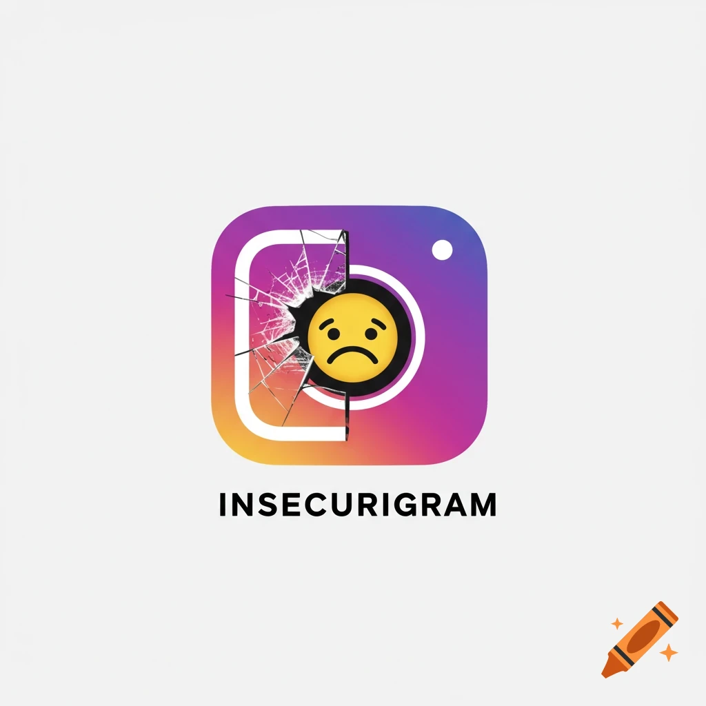 A broken Instagram-like icon with a sad emoji in the center and the text INSECURIGRAM below.