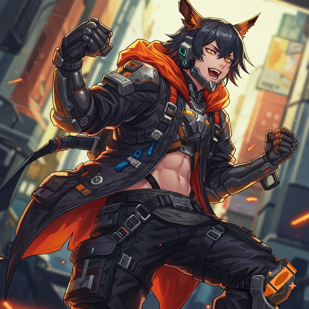 Anime character with fox ears, cyberpunk gear, and orange hood poses flexing in a city street.