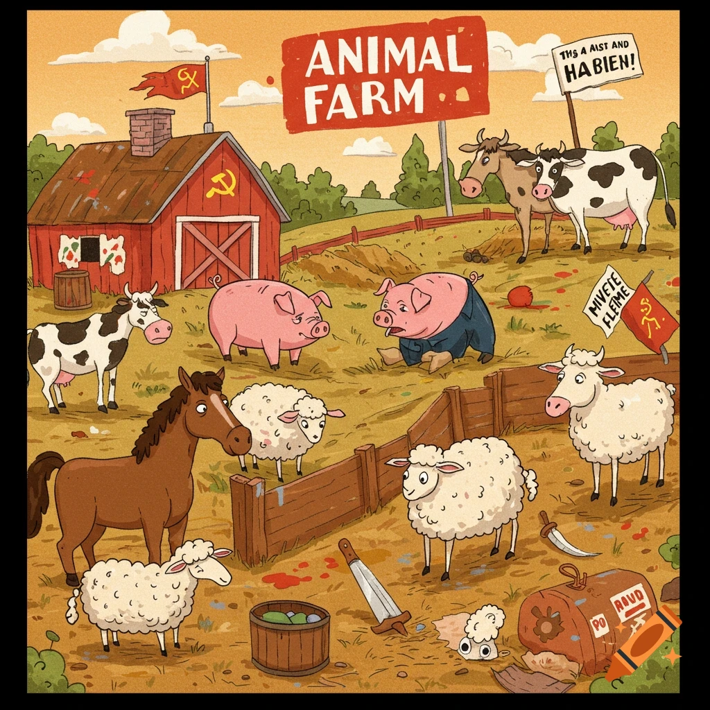 Cartoon illustration of Animal Farm with animals, barn, communist symbol, and signs.