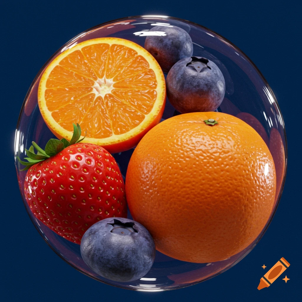 Realistic rendering of strawberries, oranges, and blueberries inside a distorted glass sphere.