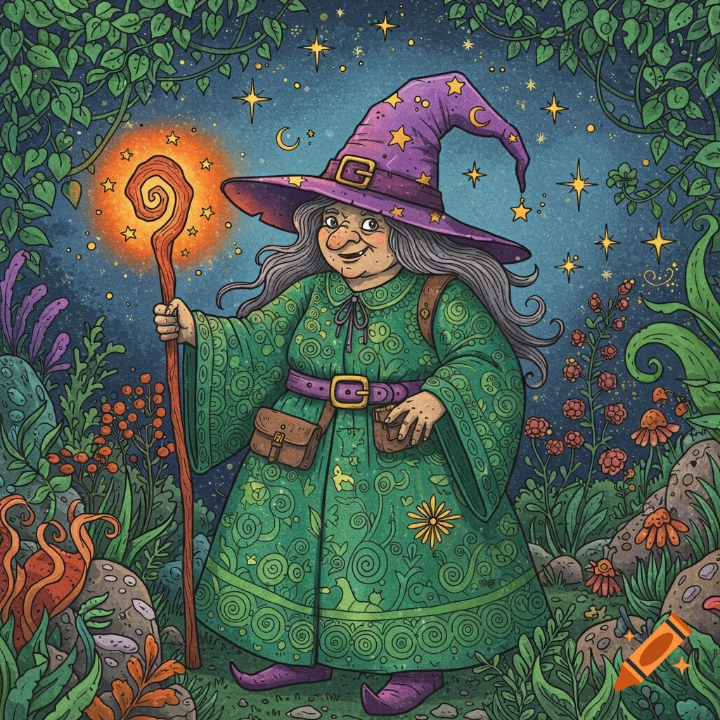 Coloring book illustration of a witch in a forest with a staff and glowing orb.