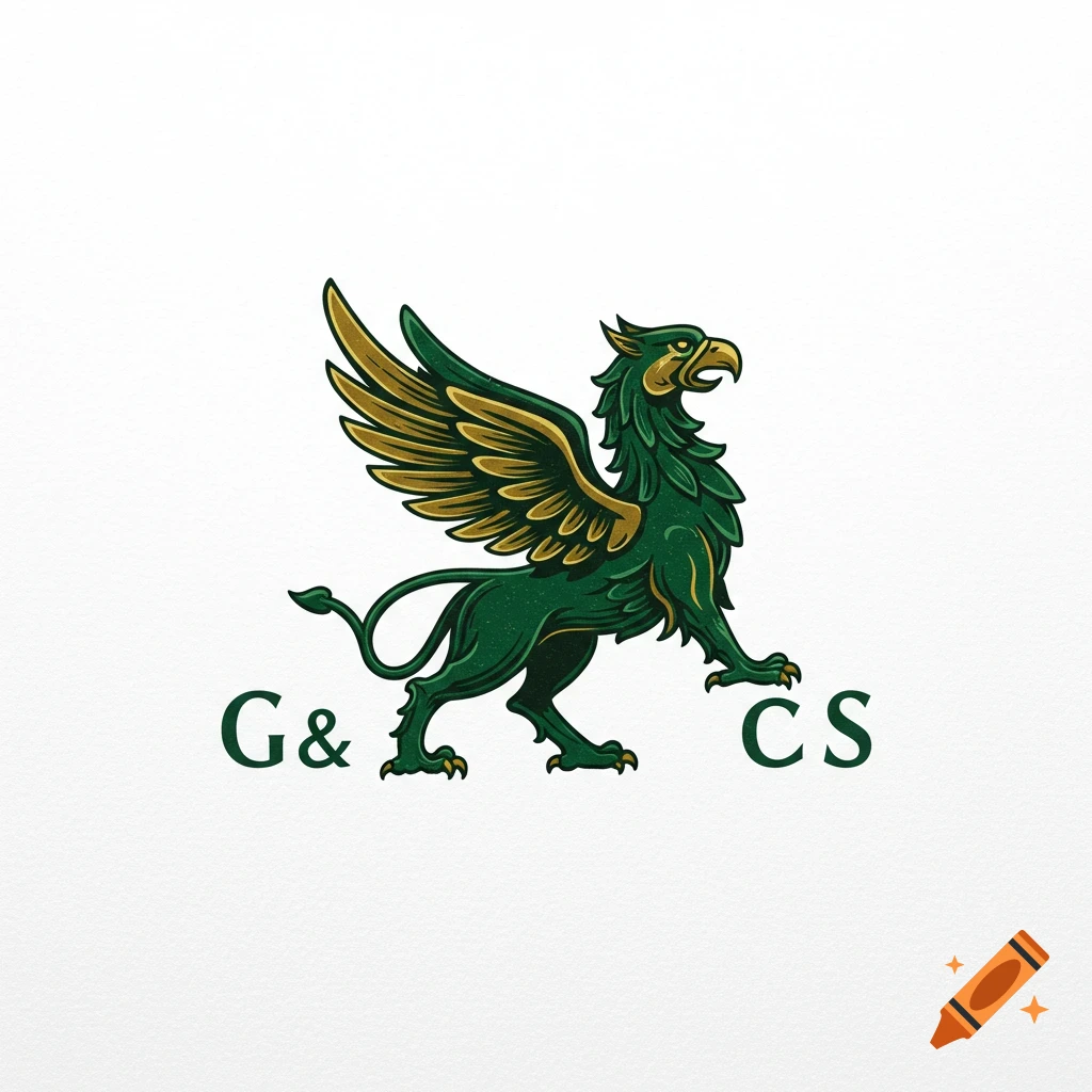 Green and gold griffin illustration in a logo style with text G& and CS on a white background.