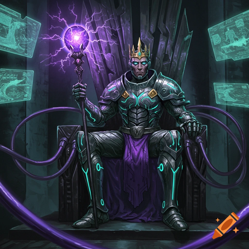 A futuristic king in armor sits on an electric throne, holding an energy staff, with screens around him.