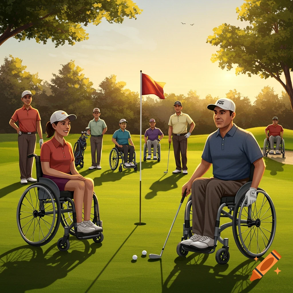 A group of people in wheelchairs playing golf on a sunny course.