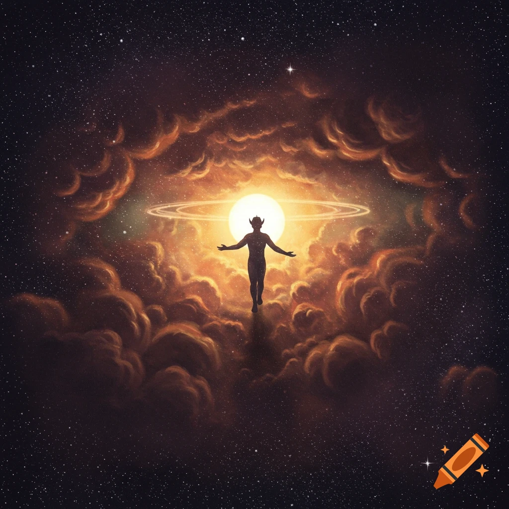Silhouette figure with horns standing in space amidst glowing clouds, stars, and a ring around a bright orb.