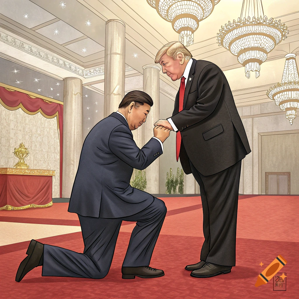 Illustration of Xi Jinping kneeling and holding the hands of Donald Trump in a large hall