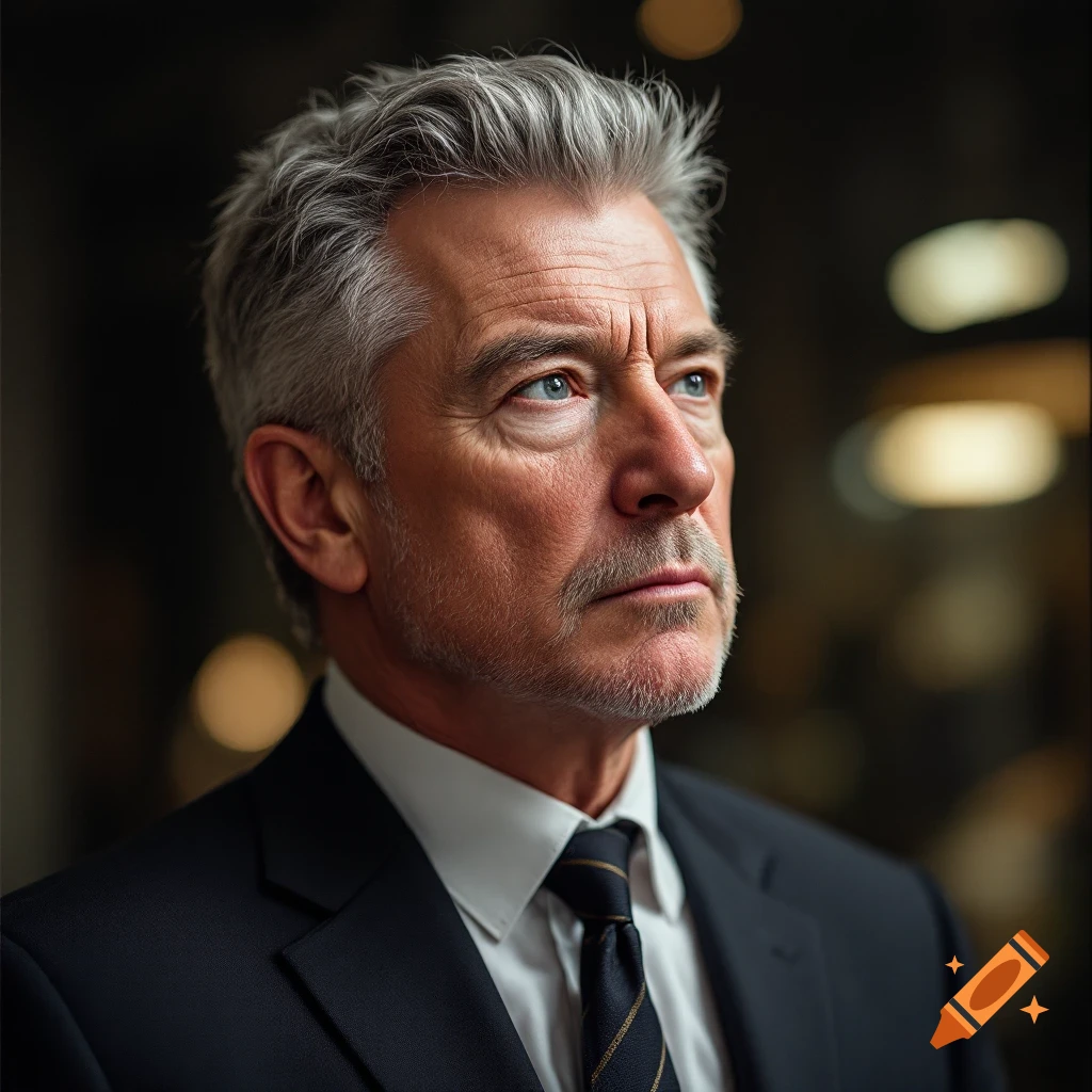 Close-up photorealistic portrait of an older man in a suit looking away.
