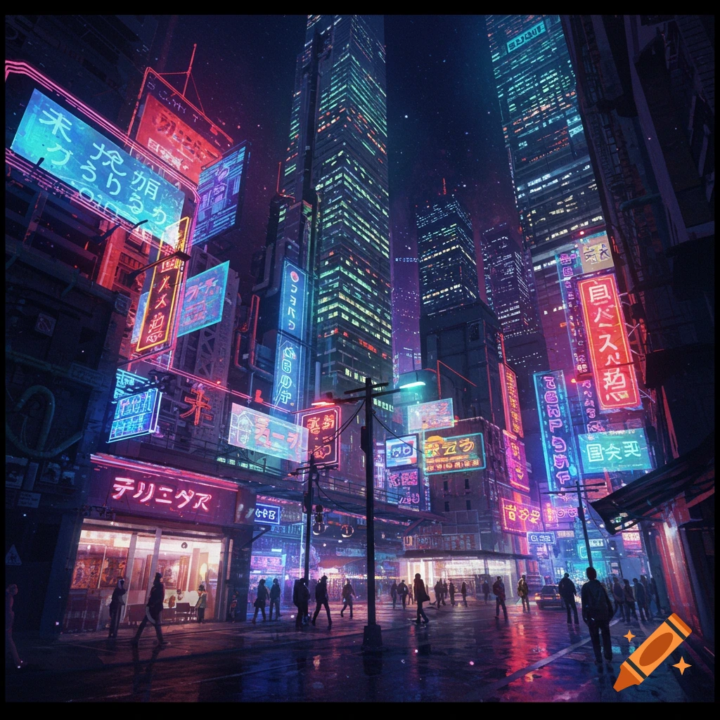 Cyberpunk city street at night with vibrant neon signs and pedestrians on wet pavement.